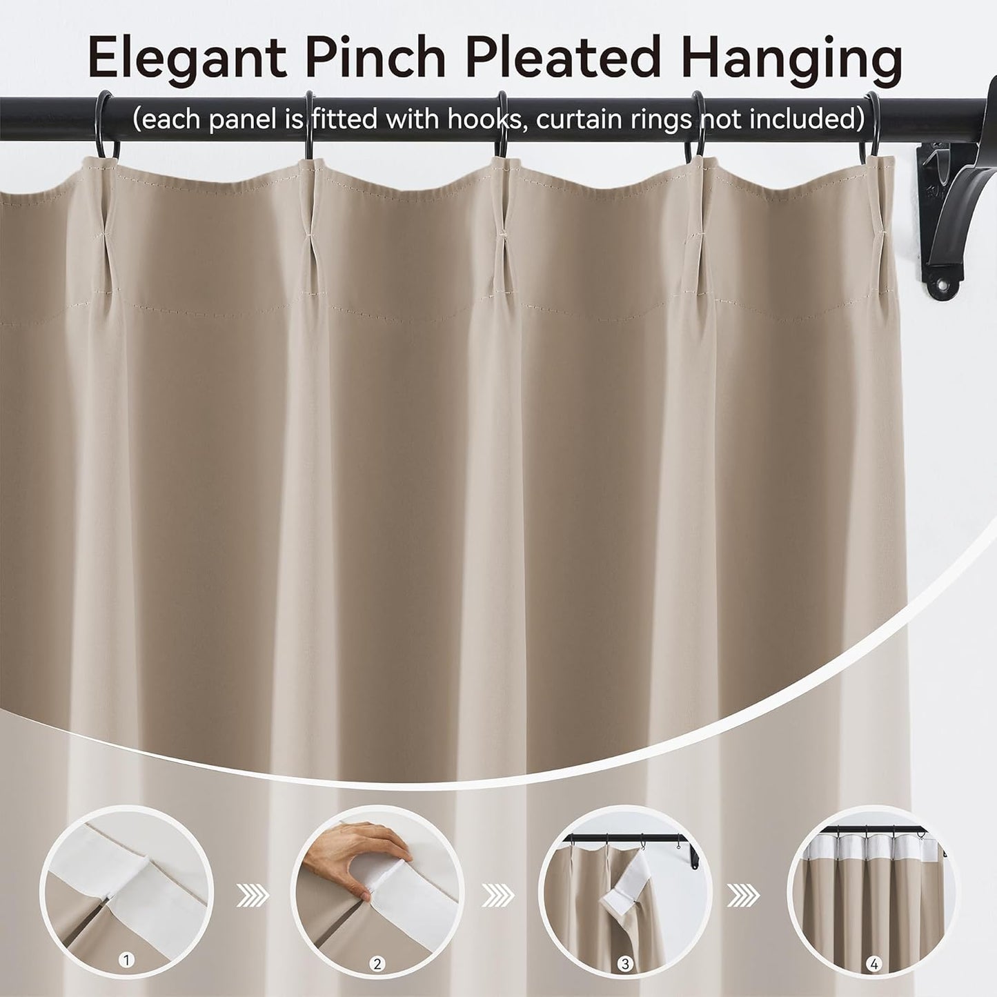 KangBang Pinch Pleat Blackout Curtains 102 Inches Long 2 Panels Set, 60 Inch Wide Pleated Thermal Insulated Draperies for Sliding Glass Door Cottage, Memory Trained Modern Decor, W60xL102, Taupe
