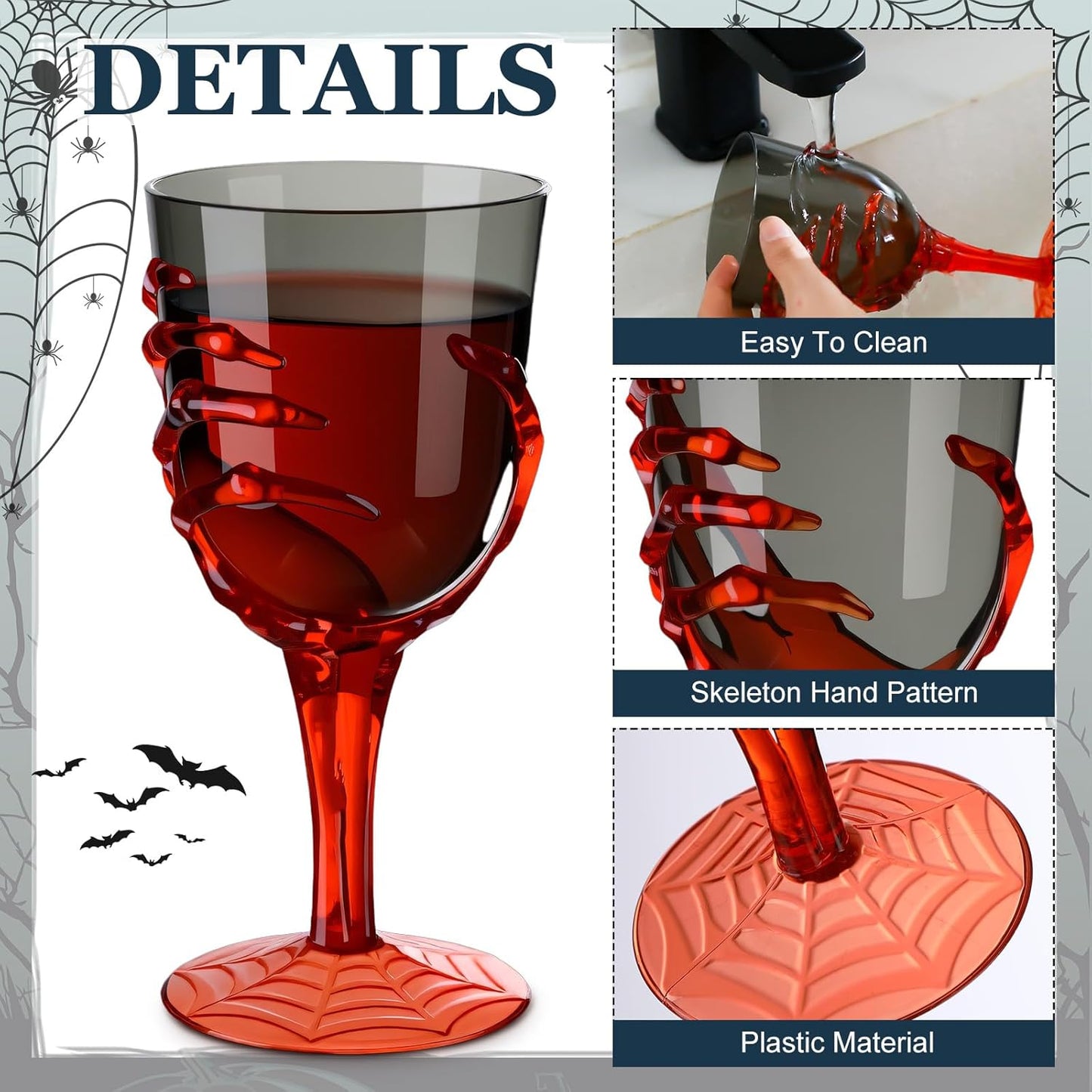 Dandat 24 Pcs Halloween Skeleton Hand Goblets 12oz Clear Plastic Halloween Cups Skull Wine Glass Set for Creepy Spooky Party Decorations (Black,Orange)