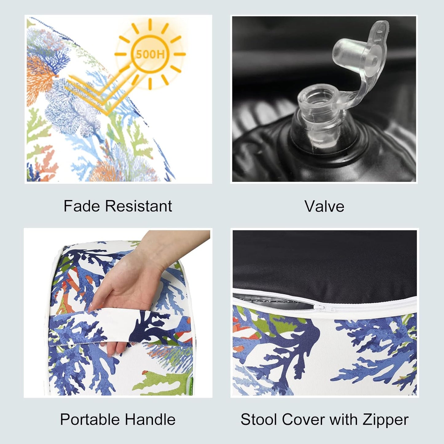 LVTXIII Outdoor Inflatable Ottoman, Patio Fade-Resistant Footrest Stool with Handle, Portable Round Ottoman Pouf for Patio Garden, Camping or Home Use, 21"x21"x9", Coral Multi