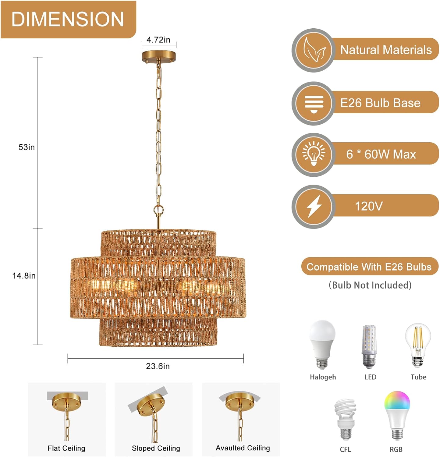 Hand-Woven Rattan Chandelier Vintage Farmhouse 6-Lights Boho Bamboo Chandelier Light Fixture 23.6" Retro 3-Tier Drum Wicker Rattan Golden Chandeliers for Dining Room, Kitchen, Living Room
