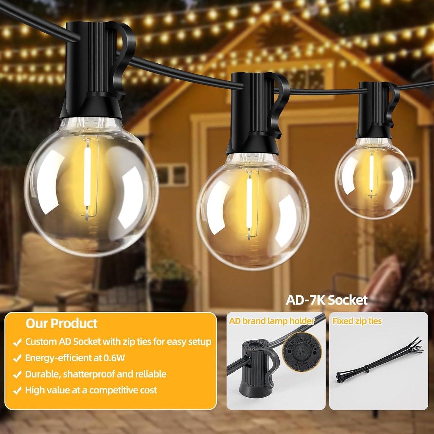 50FT G40 LED String Lights with 25 Shatterproof Bulbs (2 Spares), E12 Sockets, 2700K Warm White, eatherproof Patio Lighting for Garden,Backyard,Party,Wedding,Porch,Deck,Gazebo,Bistro,Camping