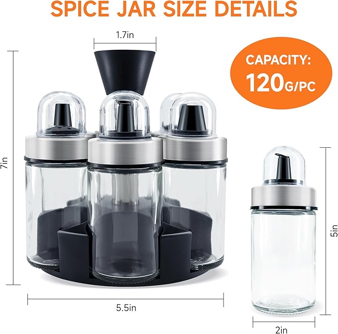 Mlici Oil and Vinegar Dispenser Set of 6 Bottles, Stainless Steel Salt Pepper Holder with 360° Rotating Holder, Cruet Soy Sauce - Premium Glass Condiment for Kitchen, Tabletop, Kitchen Containers