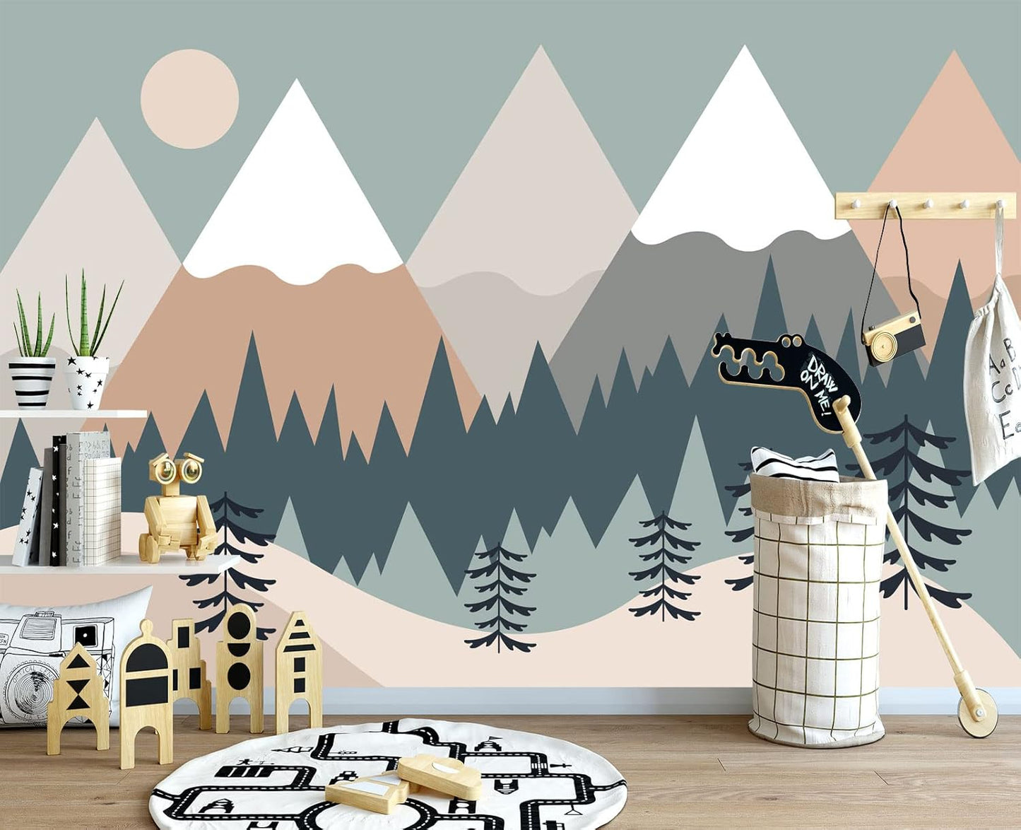 Children's Cartoon Mountain Peak Forest Sun Nursery Wall Mural Wallpaper 103" x 69"