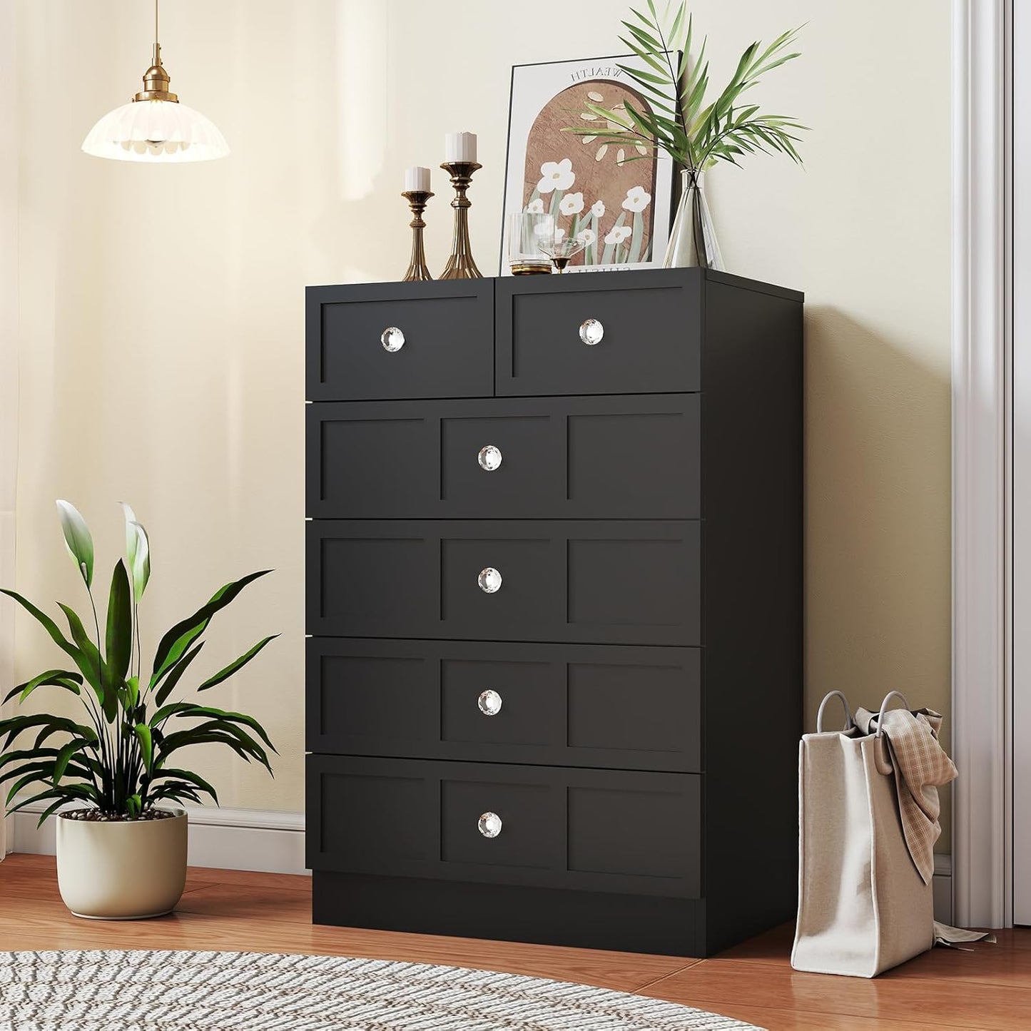 Wood Dresser for Bedroom 6 Drawer: 24" Black Chest of Drawers Wood, Modern Fluted Cabinet with Sturdy Storage, Wide Aesthetic Furniture for Room Organization