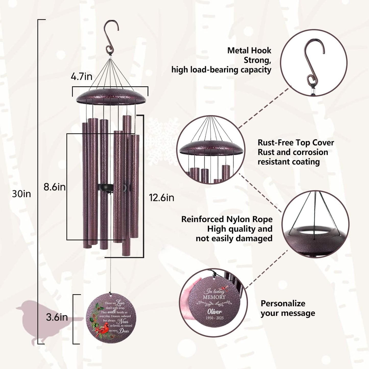 ASTARIN Personalized Cardinal Wind Chime Memorial, Customized Sympathy Wind Chimes for Loss of Loved One, in Memory of Loved Ones Lost, Bereavement Gifts Windchimes Outdoor