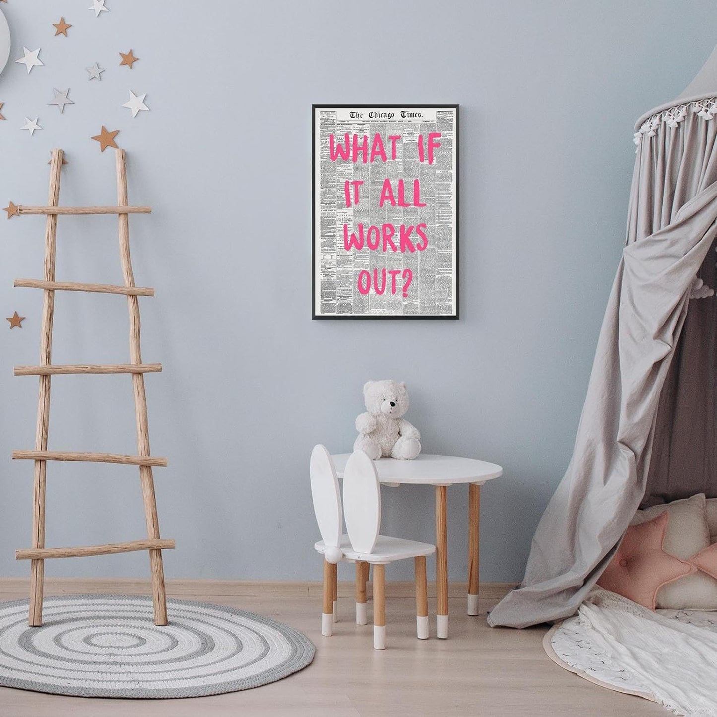 Liyark Retro Trendy Newspaper Canvas Wall Art 'What If All Works Out' Poster, Black and White, Pink Font, 24x36in Framed, Home Office Decor