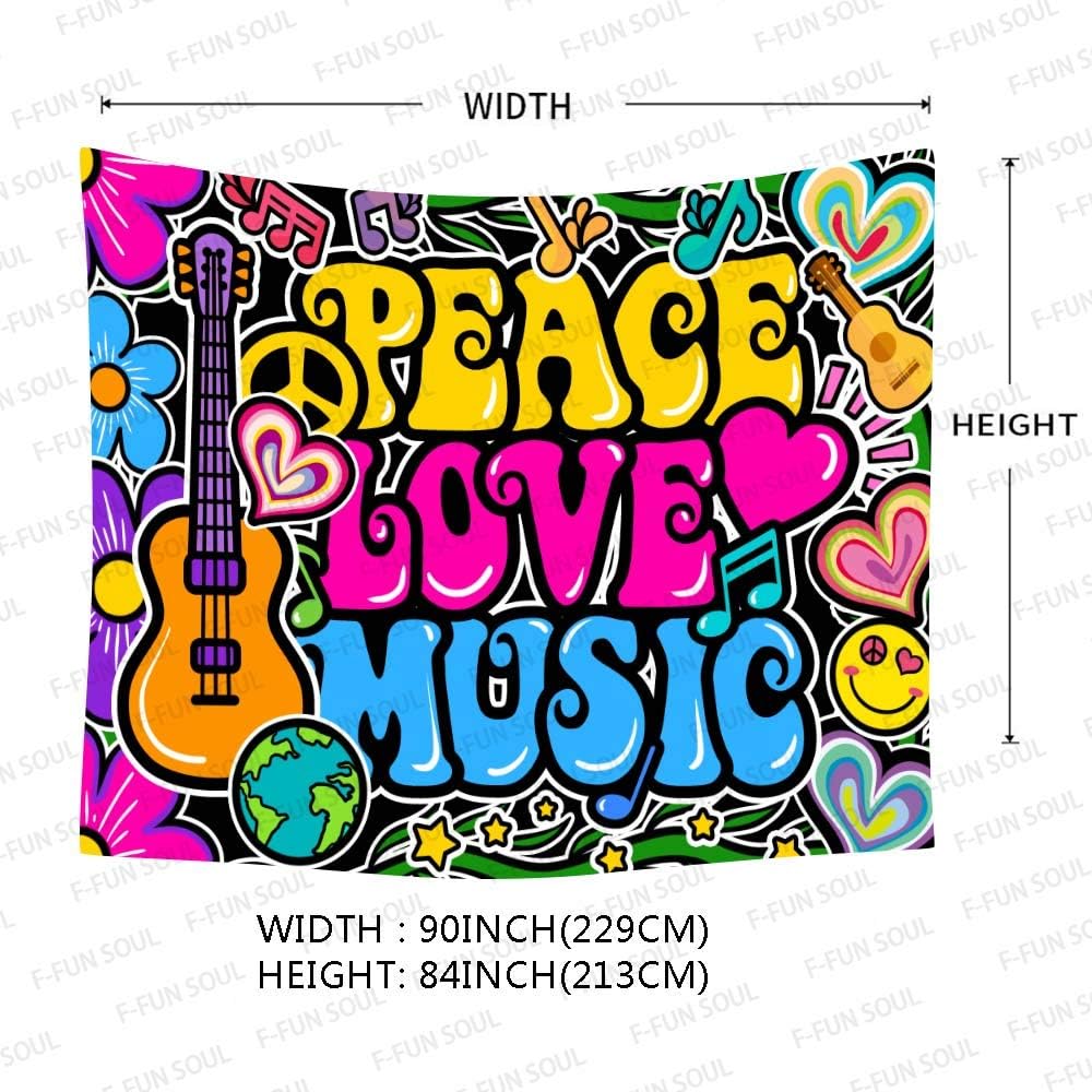 F-FUN SOUL Peace Love and Music Tapestry, 90x84inches Soft Flannel, Guitar Symbol Dove Flowers Psychedelic Art Tapestries Wall Hanging for Bedroom Living Room Decor Banner GTZYFS1204