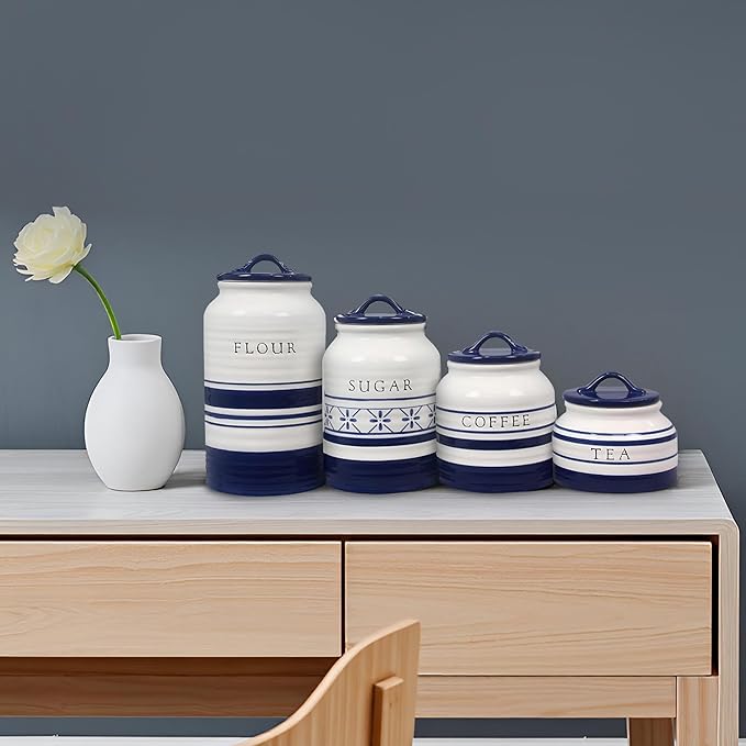 Young's Inc. 4 Pcs Set Modern-Cool Accent Ceramic Canisters- Storage Container for Kitchen and Bathroom - Beautiful Home Decor Accent to Store Food, Coffee, Tea, and More - White