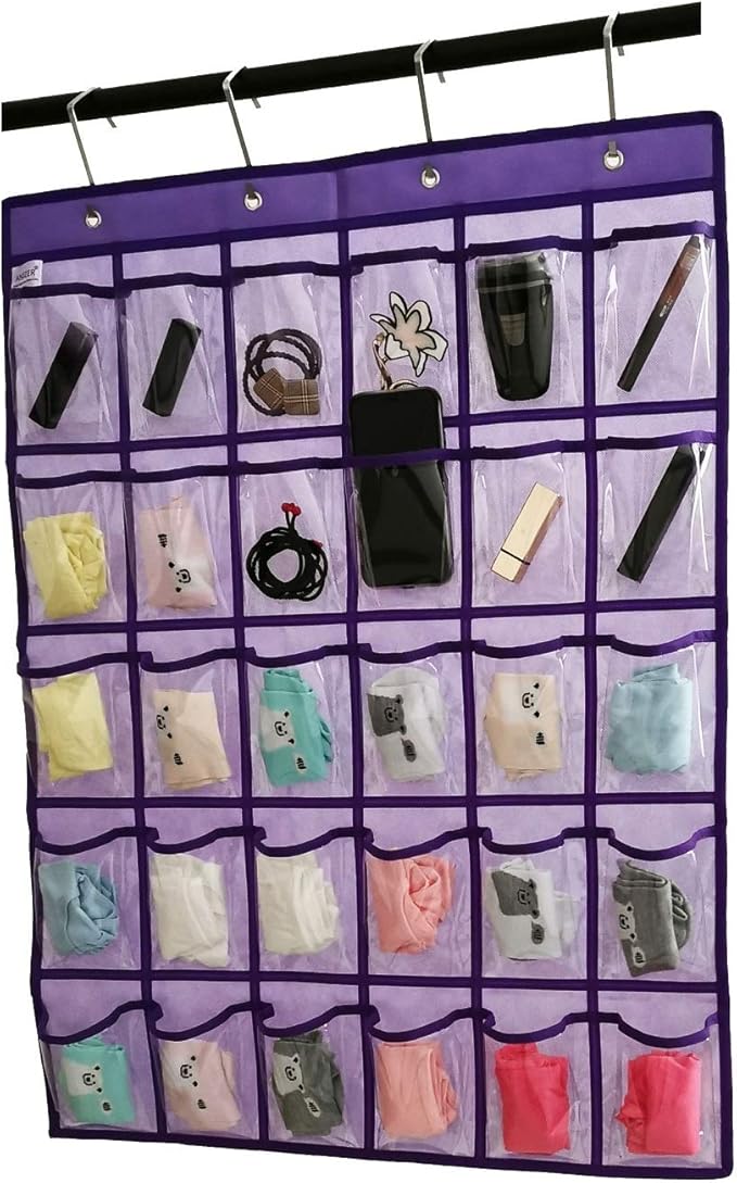 Classroom Pocket Chart for Phone Calculator Holder Over The Door Hanging Closet Jewelry Organizer with 30 Clear Pockets (Purple)