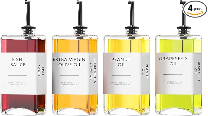 New England Stories Kitchen Cooking Oil Dispenser Set, Olive Oil and Vinegar Bottles, Soy Sauce Dispenser - 4 Pieces, Black, Durable & Stylish Design