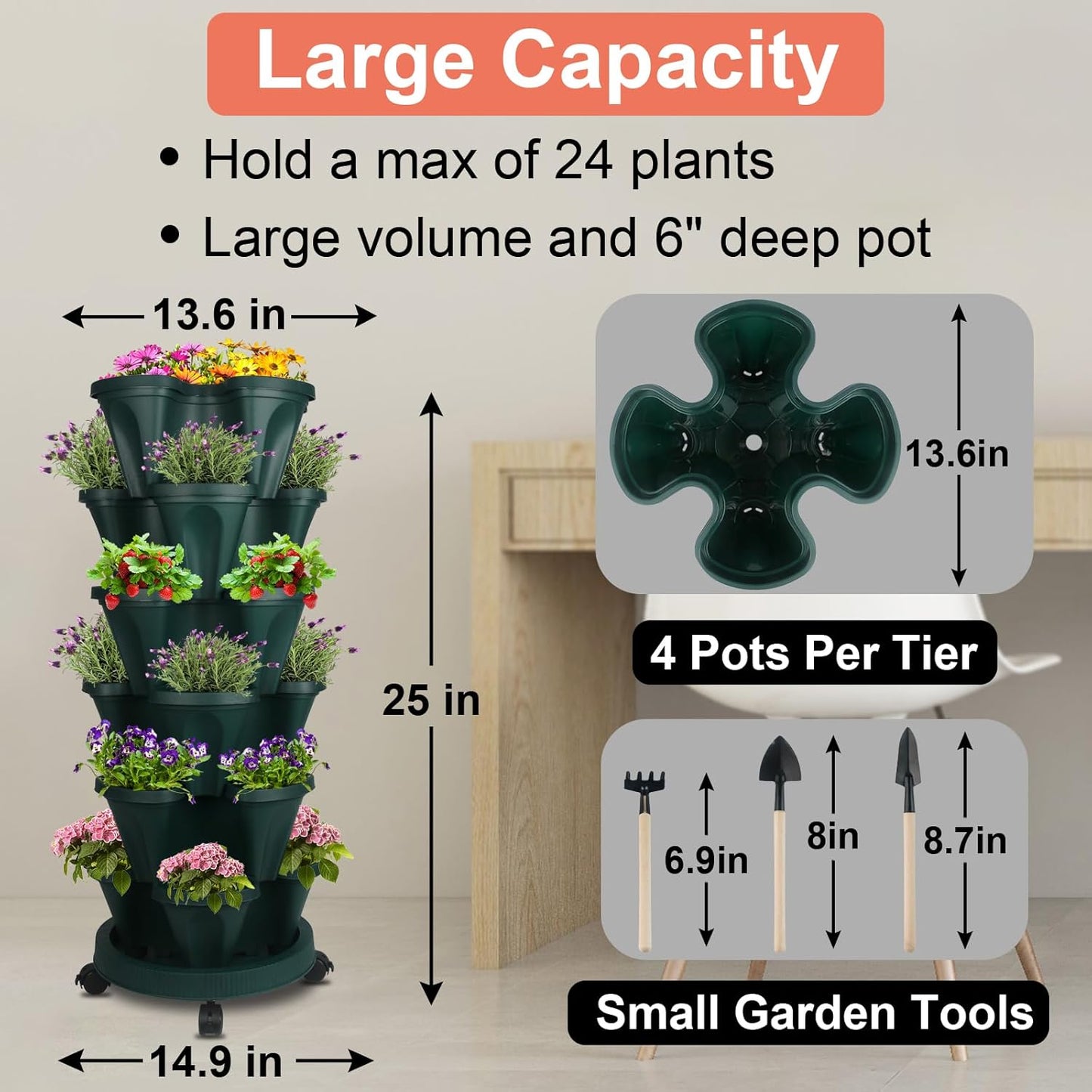 DUNCHATY Stackable Planter, Vertical Garden Planter with Wheels and Tools, Self Watering Strawberry Planter Indoor/Outdoor 6 Tier Herb Planter Pots for Growing Vegetables and Succulents,Pine Green