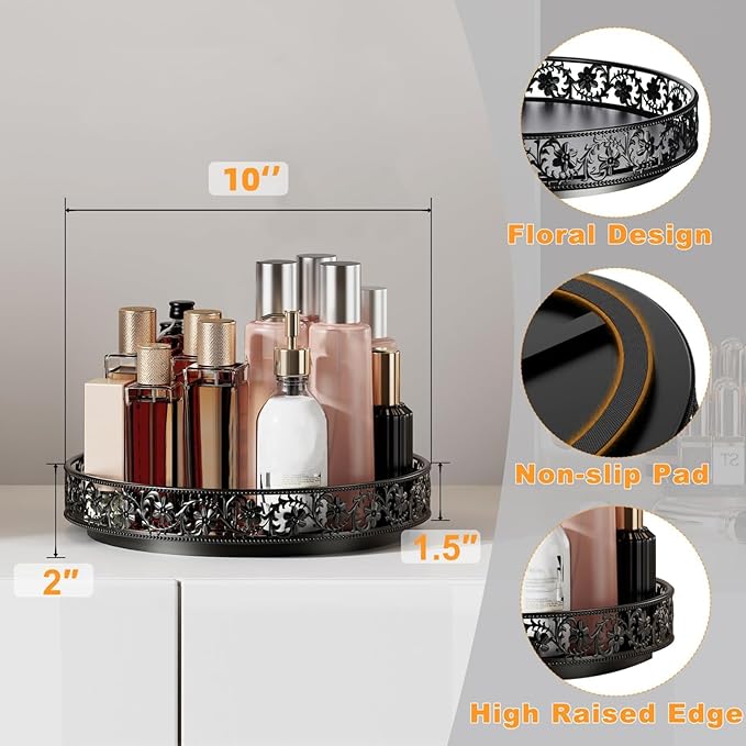 10" Lazy Susan Organizer Turntable,360 Rotating Spice Rack Lazy Susan for Cabinet Dining Table Top Countertop Pantry Kitchen Cupboard Vanity Bathroom Refrigerator Black