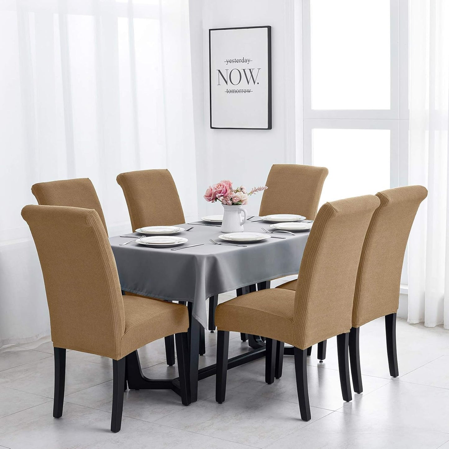 Joccun Chair Covers for Dining Room Set of 6, Dining Chair Slipcovers Stretch Dining Room Chair Covers Seat Protector,Washable Parsons Chair Cover for Home,Hotel,Banquet(Tan,6 Pack)