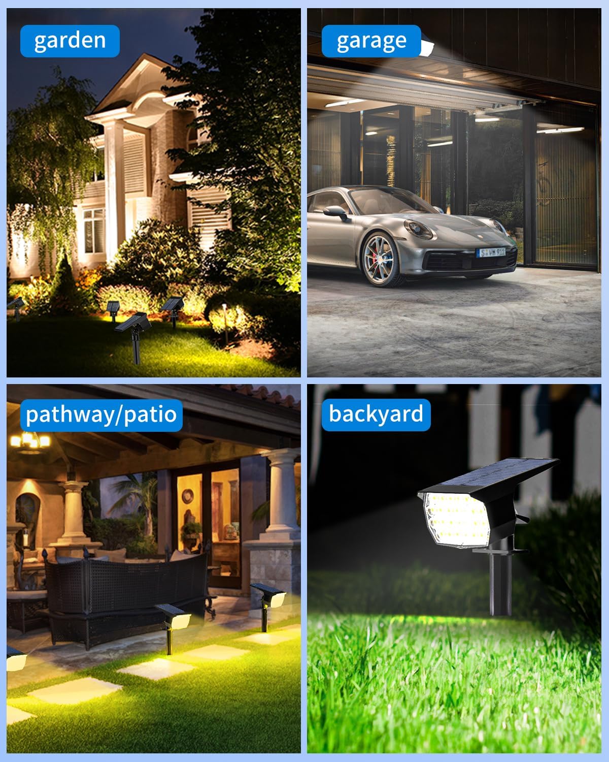 3 Colors Solar Lights Outdoor Waterproof IP65 Outdoor Solar Spot Lights for Yard 52 LEDs 600LM Solar Powered Landscape Spotlights Solar Security Wall Lights for Garden Pathway Outside- 6 Pack