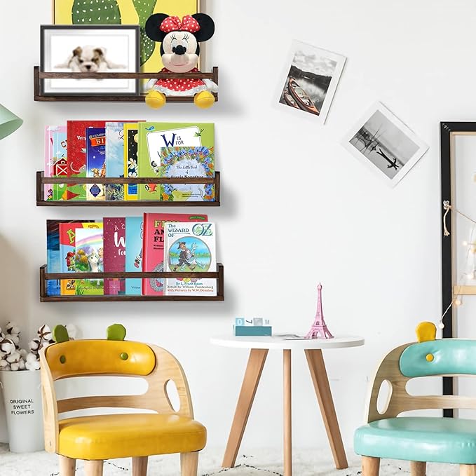AZSKY Nursery Book Shelves 24 in Set of 3 Walnut Floating Bookshelf for Kids Room Wall Mounted Floating Shelves Solid Nursery Bookshelf Perfect Decor for Kitchen Bedroom Living Room