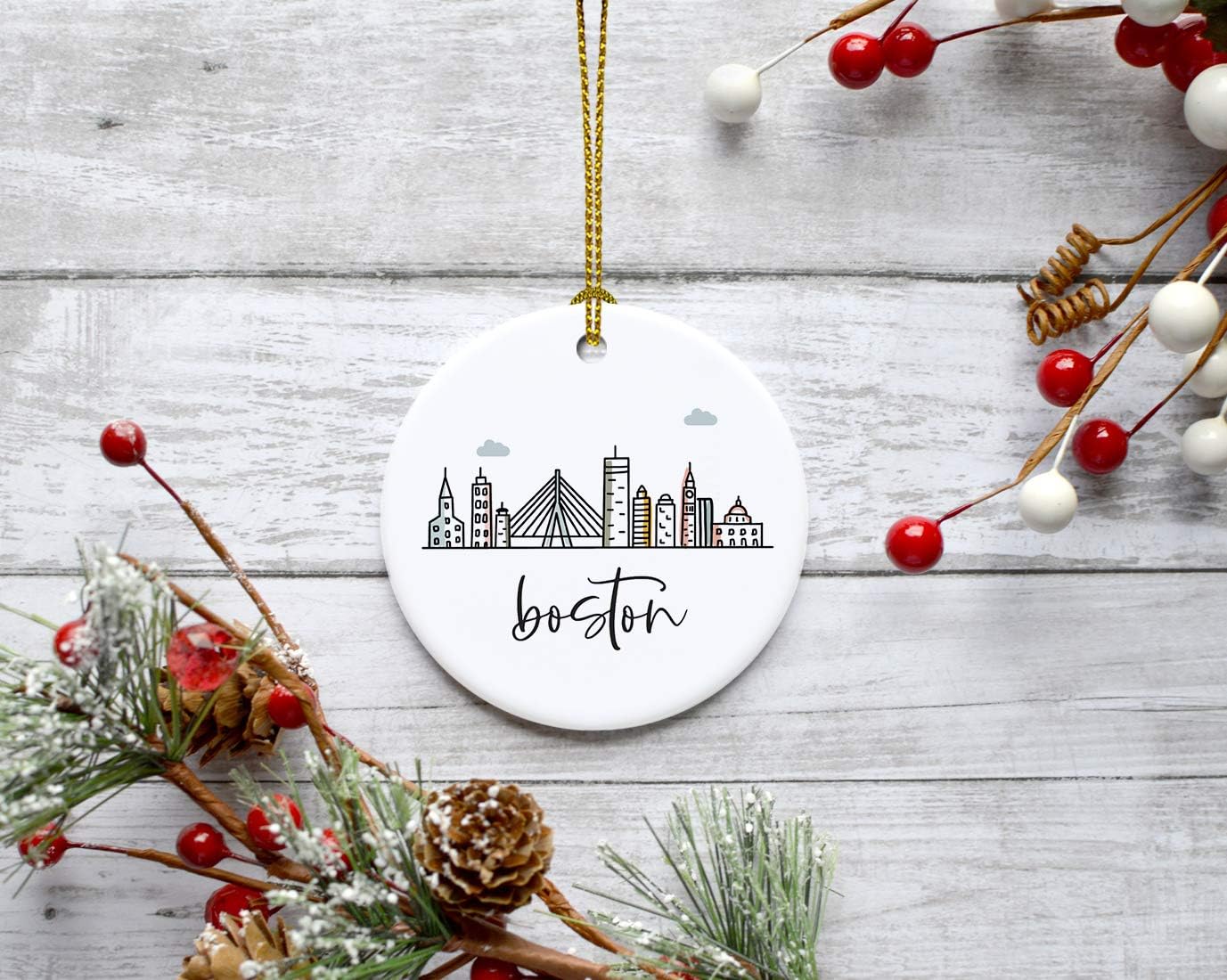 Andaz Round Ceramic Porcelain Christmas Tree Ornament Keepsake Gift, Colorful Boston City Skyline, 1-Pack, Birthday & Ideas for Family & Coworkers, Includes Box