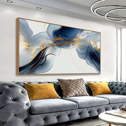HUADAOART Wall Art Abstract Painting Modern Art Gold and Blue Background Canvas Prints Pictures for Living Room Bedroom Artwork Home Decor Framed 20x40inch (Blue)