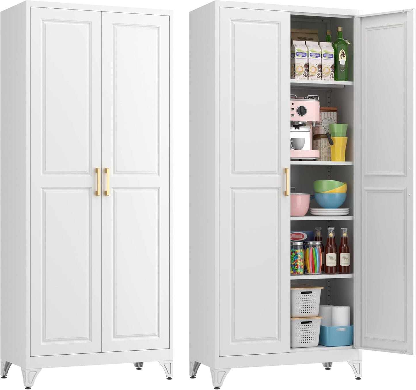 75" Kitchen Pantry Cabinet, White Metal Storage Cabinets with 2 Doors and 4 Adjustable Shelves, Tall Pantry Storage Cabinet for Kitchen, Dining Room, Living Room