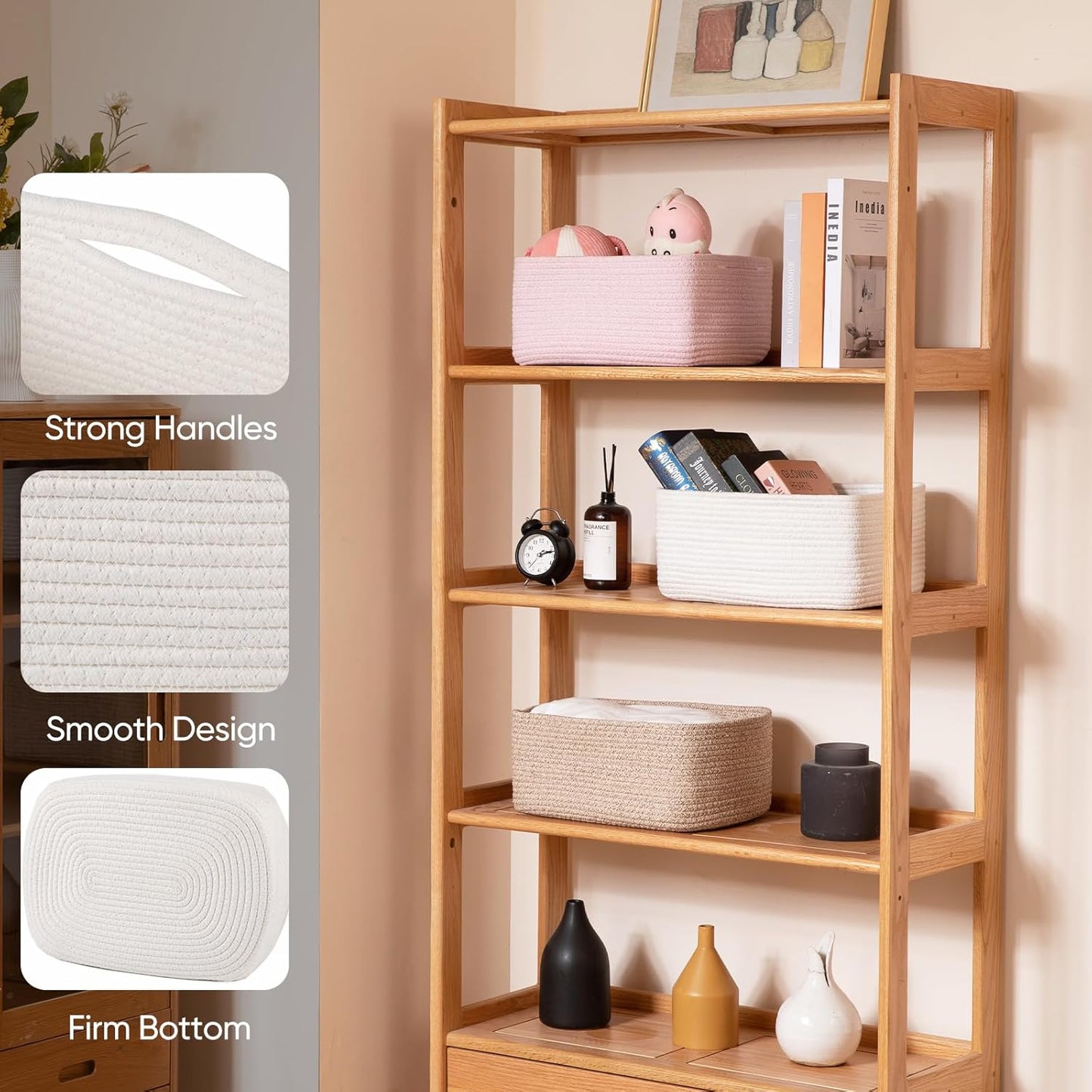 OIAHOMY 4 Pack 14.17*11.02*6.3IN Storage Baskets for Organizing Shelves, Woven Rope Baskets for Organizing Books, Clothes, Decorative Basket for Living Room, Nursery, Bedroom, Gift Basket, White