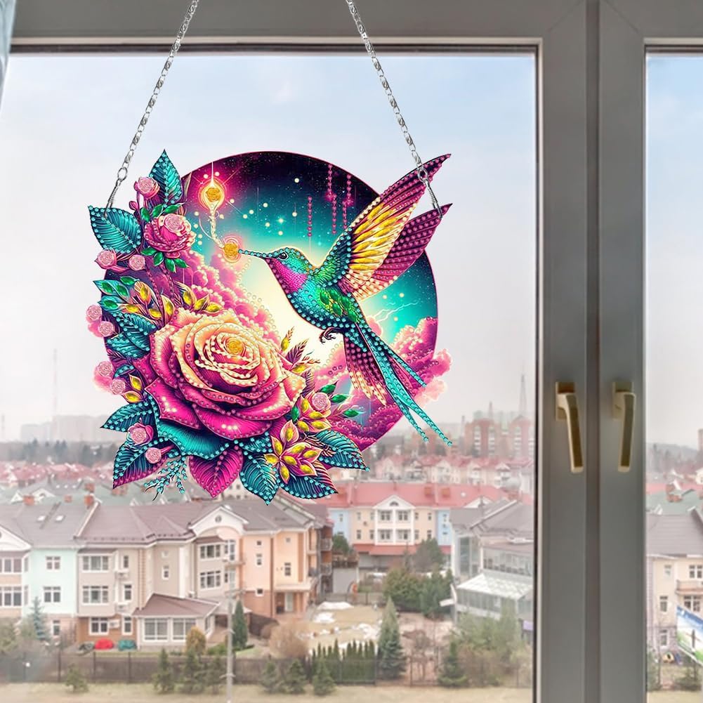 Flowers Hummingbird Diamond Art Kits,5D Diamond Hanging Ornament Kits,DIY Special Shaped Diamond Dot Kits,Home Porch Crystal Hanging Pendant Ornament (Colorful1)