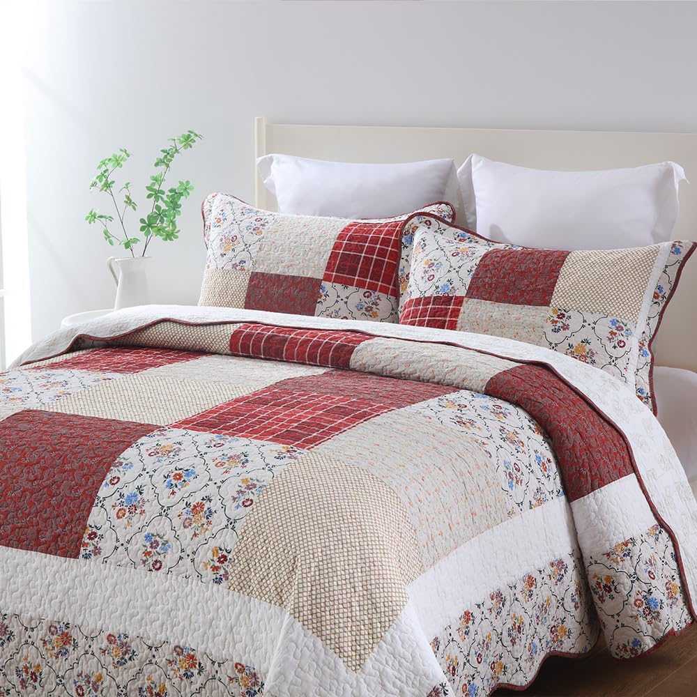 Cotton Bedspread Quilt Bedding Sets 3 Pieces Reversible Coverlet Sets Comforters Vintage Red White Rose Floral Patchwork Bedspread, Queen Size