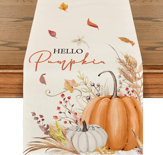 Artoid Mode Hello Pumpkin Leaves Fall Table Runner, Seasonal Autumn Kitchen Dining Table Decoration for Home Party Decor 13x60 Inch