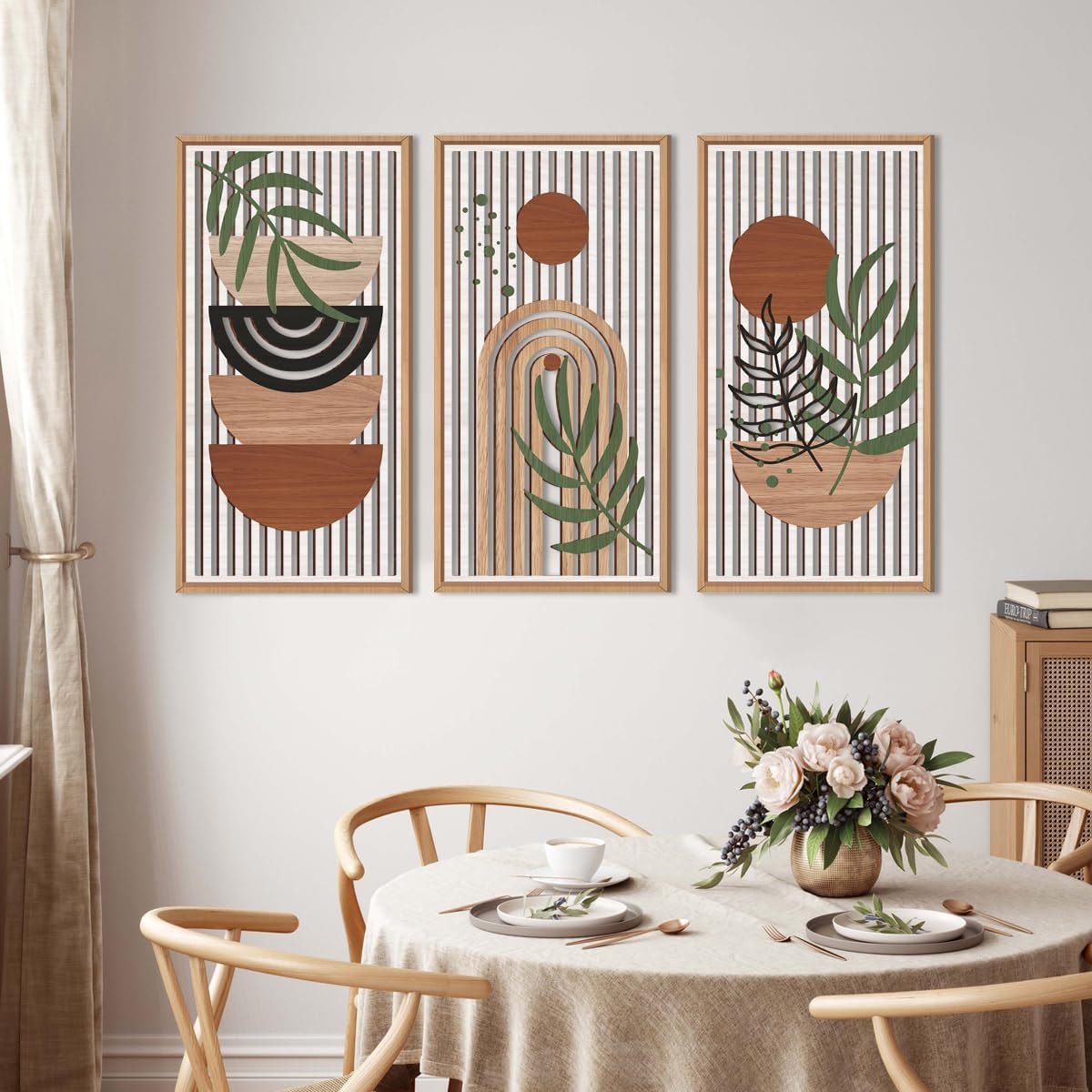 IARTTOP Large Boho Wood Wall Art Framed 16x32 Inch Mid century Modern Wooden Wall Decor Abstract Bohemian Minimalist Art Decor for Bedroom Living Room Office Set of 3