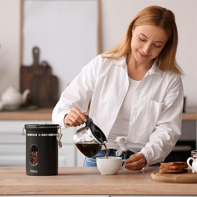 Veken Coffee Canister with Window, Airtight Stainless Steel Kitchen Food Storage Container with Date Tracker and Scoop for Grounds Coffee, Beans, Tea, Flour, Cereal, Sugar, 22&16OZ,Black