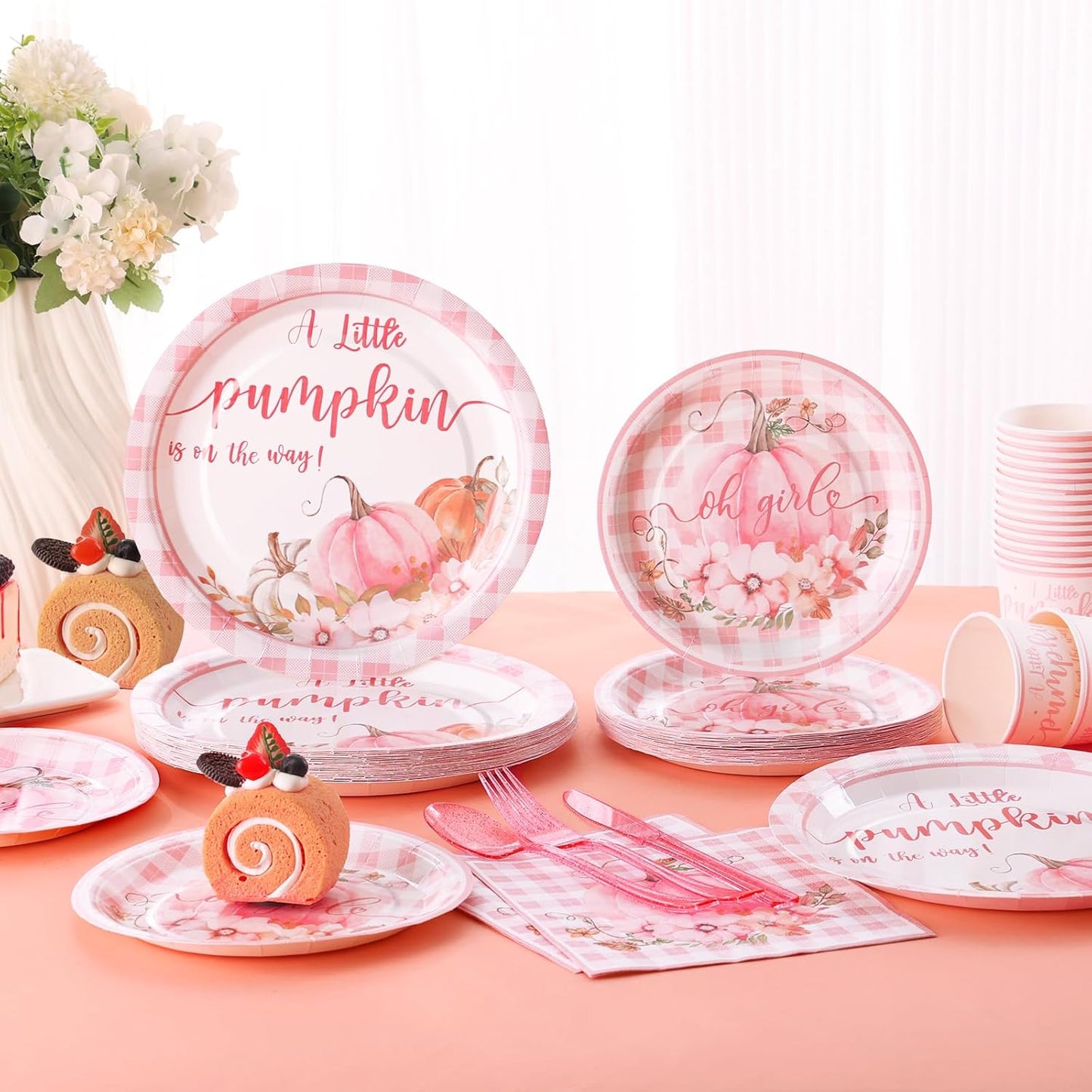 168 Pcs Pink Little Pumpkin Baby Shower Decorations Girl, A Little Pumpkin is on the Way Baby Shower Plates and Napkins Serves 24, Pink Gingham Fall Tableware for Autumn Sweet Girl