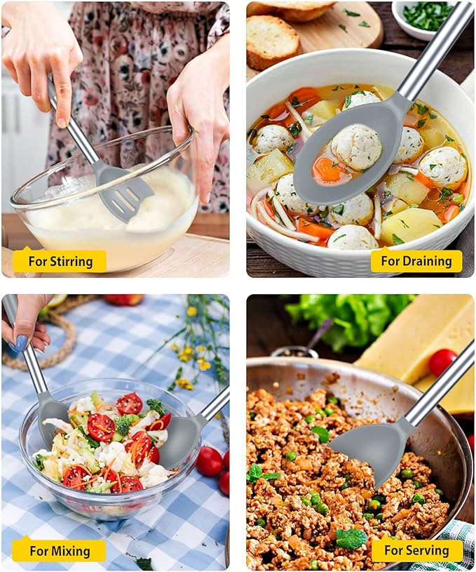 Pack of 2 Large Silicone Cooking Spoons,Non Stick Solid Basting Spoon,Heat-Resistant Kitchen Utensils for Mixing,Serving,Draining,Stirring (GREY)