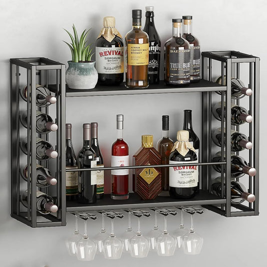 Wall Mounted Wine Rack, Wine Rack Wall Mounted with Wine Glass Rack, 2-Tier Multi-Functional Shelf for Home Restaurant Bar Storage Rack,Black (47.2”W x 9.8”D x 21.65”H)