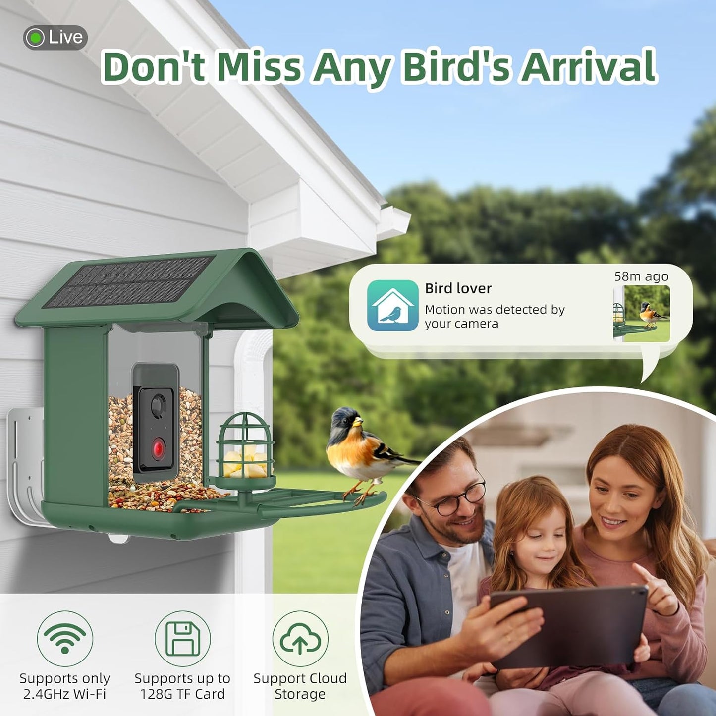 Smart Bird Feeder with Camera, AI Species Identify, Dual Solar Powered Birdfeeder Cam for Outside IP65 with 2.4GHz WiFi, 2K HD Auto Capture Birds Video for Bird Lover (Green)
