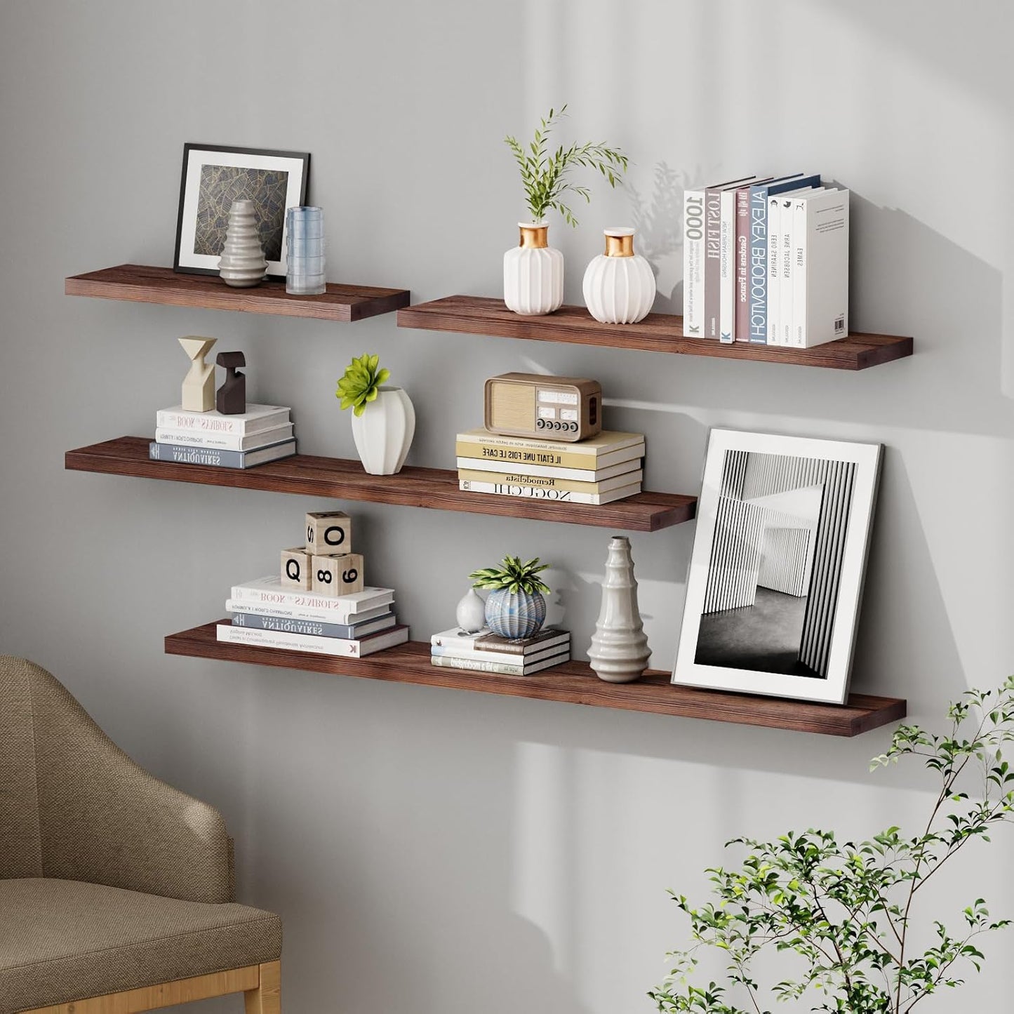 SAUMONIERES Floating Shelves 8 Inch Deep Solid Wood Wide Wall Shelf Set of 1 Wall Mounted for Bedroom Bathroom Living Room Kitchen, 48 Inch Walnut