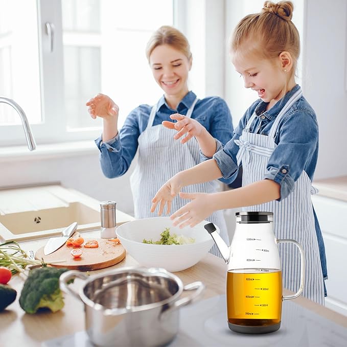 Large Glass Oil Dispenser Bottle for Kitchen Cooking Recipiente Para Aceite De Cocina Olive Oil Vinegar Dispenser Cruet Stainless Steel Lid No Drip Liquid Container (Clear, 34oz /1000ml)