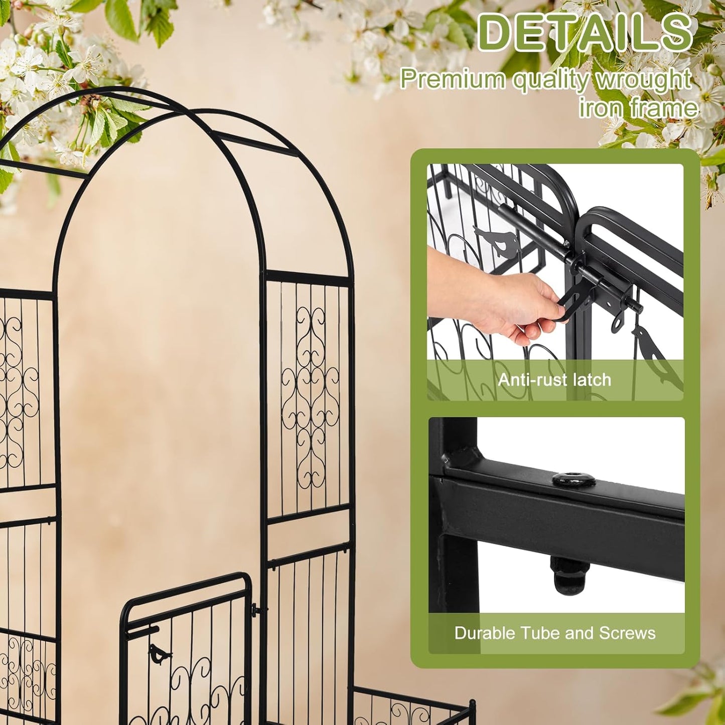 Outvita 7FT Garden Arch Arbor with Entry Door and Plant Frame, Heavy Duty Metal Arbour Archway, Decorative Frame Stand Trellis with Ground Stakes for Wedding Ceremony Party Plant Patio Black