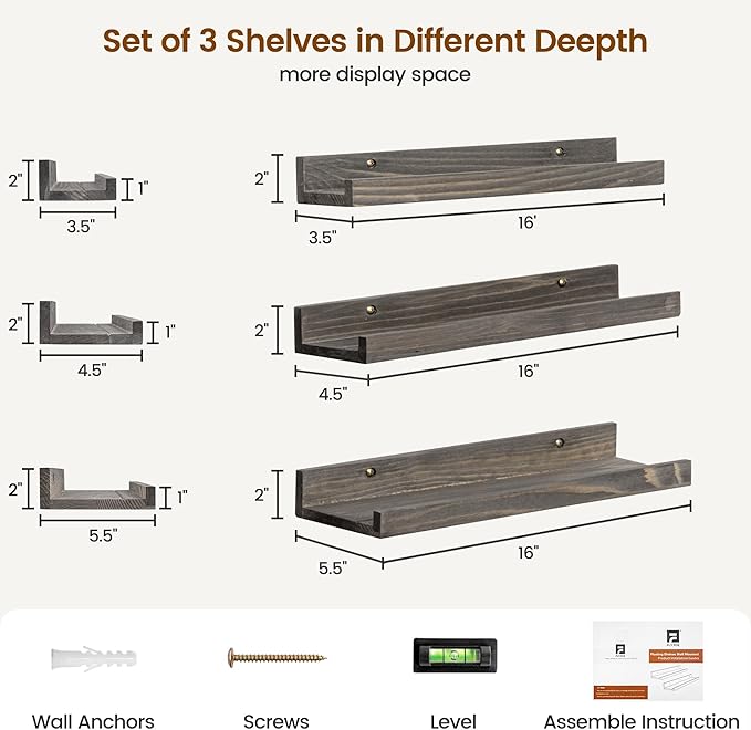 Picture Ledge Wall Shelves - Set of 3, 16 Inch Width, Solid Pine Wood Rustic Floating Ledge Shelves for Kids' Room, Bedroom, Kitchen, Bathroom, Living Room, Nursery Display Decor, Grey