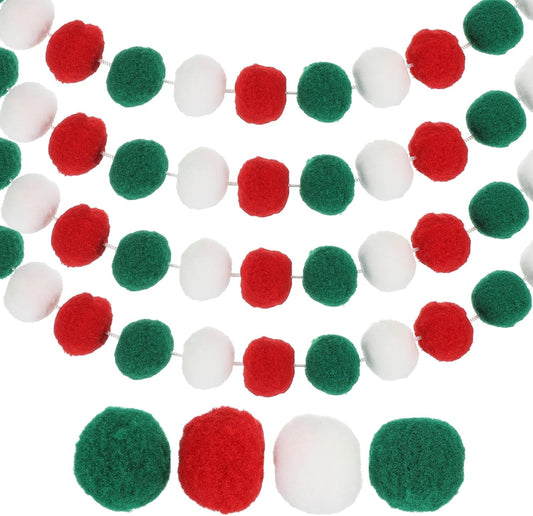 PATIKIL 26Ft Pom Pom Garland Decorations, 4Pcs Colorful Felt Ball Garland Banner Cute Rainbow Pompom Hanging Decorations for Tree Ornaments Homes Decor, Red/Green/White