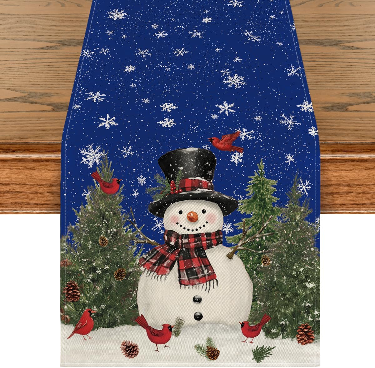 Artoid Mode Snowman Birds Trees Christmas Table Runner, Seasonal Blue Winter Holiday Kitchen Dining Table Decoration for Indoor Outdoor Home Party Decor 13 x 72 Inch