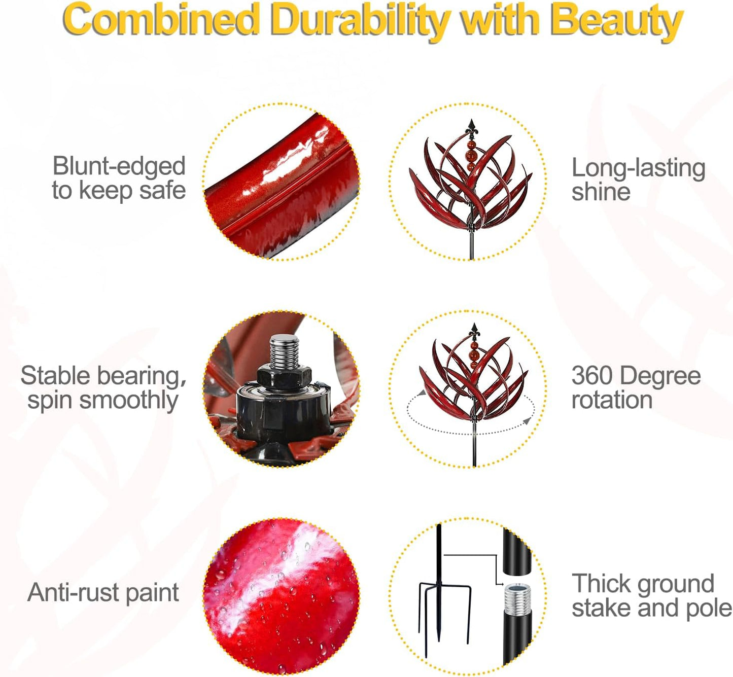 LimeHill Wind Spinner for Garden and Yard - Large Metal Kinetic Wind Sculptures for Outdoor Decor (91 Inches, Burgundy Lotus)