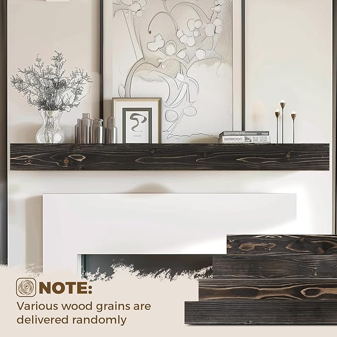 72x8x3 Fireplace Mantel - Handcrafted Hollow Rustic Solid Wood Wall Mounted Floating Shelf with Invisible Heavy Duty Wood Bracket (Weathered Black)