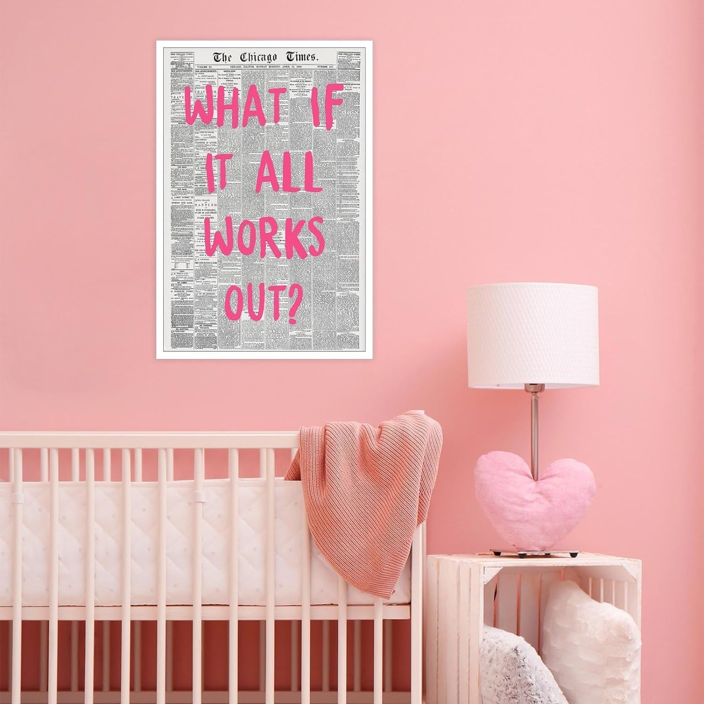 Liyark Retro Trendy Newspaper Canvas Wall Art - 'What If All Works Out' Poster - Positive Affirmation Quote - Pink Font - Minimalist Home Decor - 24x36in Unframed