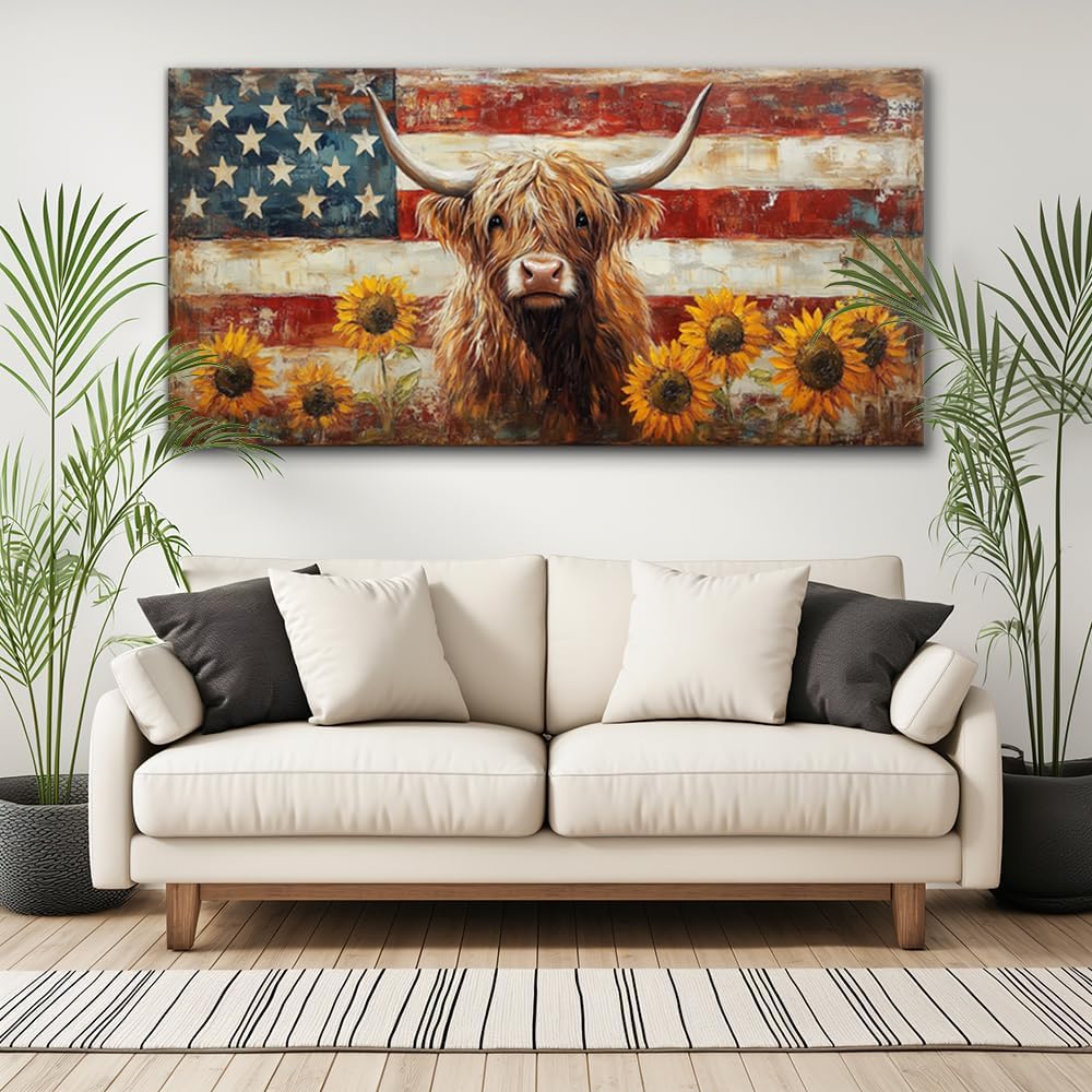 LASMOND Country Highland Cow Wall Art for Living Room Rustic Retro Vintage American Flag Sunflower Canvas Painting Prints Highland Cattle Artwork Farmhouse Bedroom Office Decor (58x28 Inches)