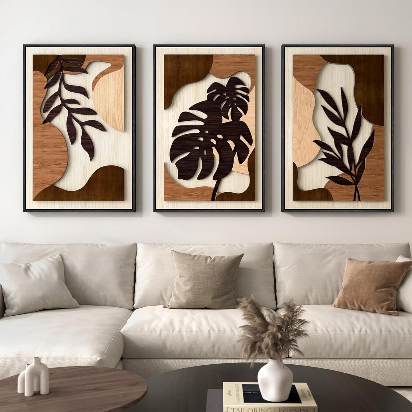 Framed Textured Wood 3D Wall Art for Living Room, Large Boho Tropical Brown Artwork for Walls, 3 Piece Farmhouse Botanical Leaf Wood 3D Textured Wall Art Decor for Office Bedroom Hallway, 24x36 Inch