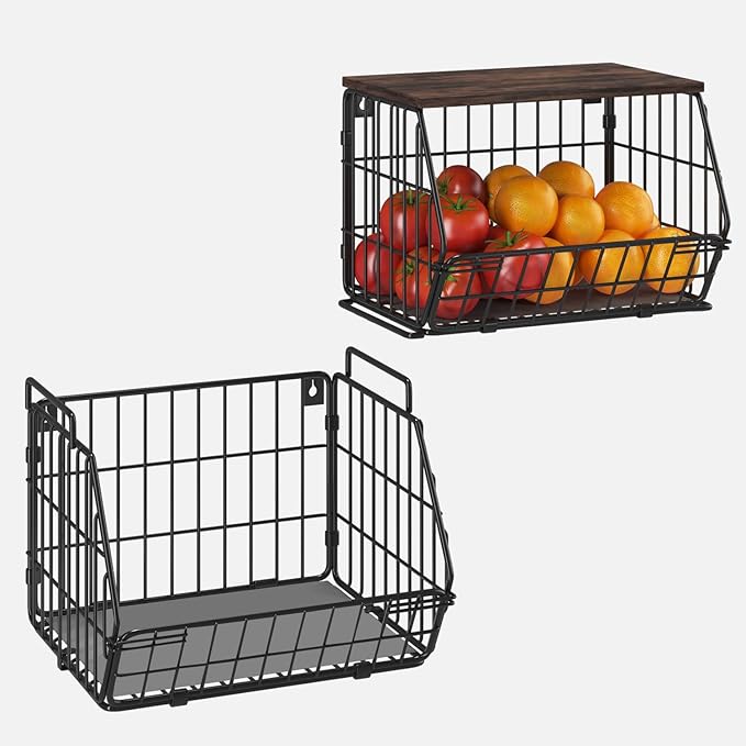 Wetheny 2 Tier Stackable Wall Mounted Wire Basket Fruit Basket with Wood Lid - Kitchen Pantry Organization and Storage, Hanging Storage Basket for fruits, Onion, Potato, Produce, Vegetable (Black)