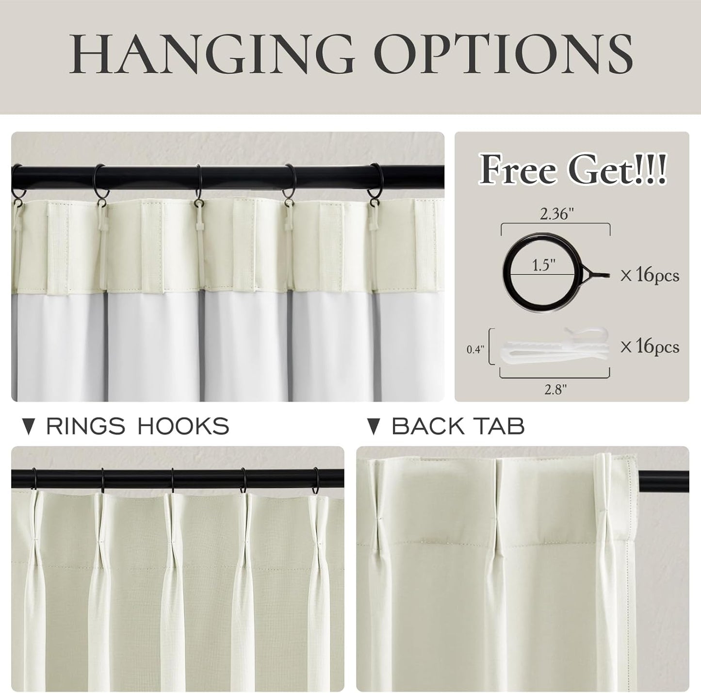 Ivory White Pinch Pleated Complete Blackout Curtains & Drapes 120 Inches Long 2 Panels Set, Flax Linen Room Darkening Soundproof Window Curtain for Bedroom/Living Room Track System(40"Wx120"L)