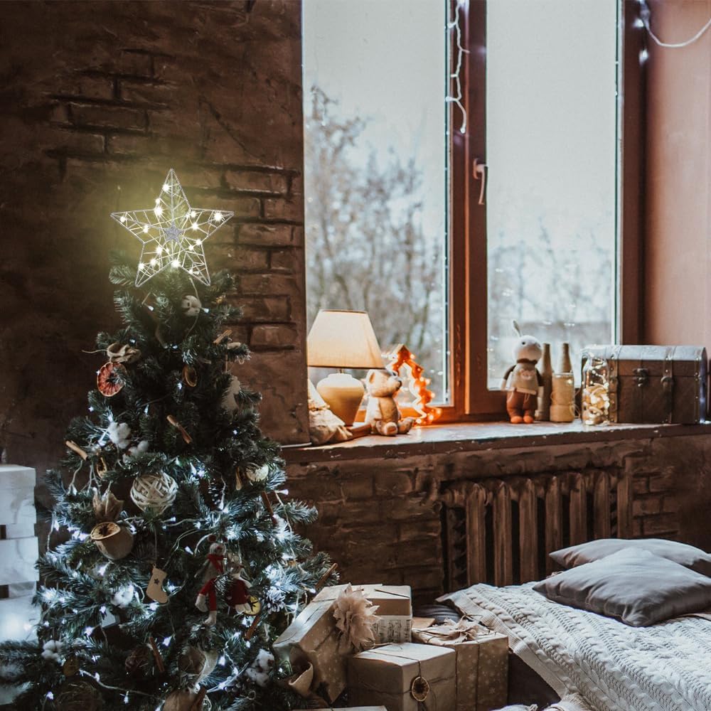 YEAHOME Christmas Tree Topper, Silver Glittered Hollow 5-Point Star Tree Topper for Christmas Tree Decorations, Lighted Wire Star with 20 LED Lights for Christmas Treetop, Xmas Tree Topper with Timer