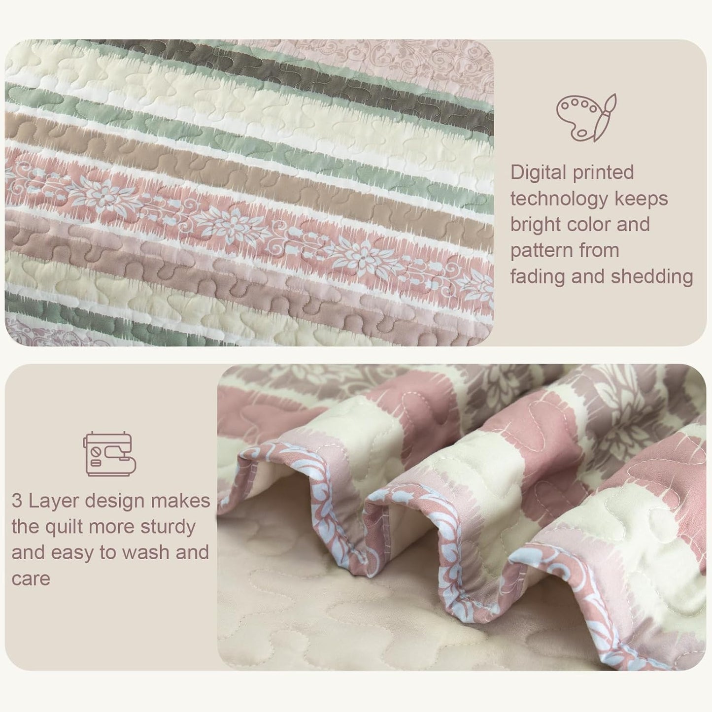 Exclusivo Mezcla Reversible Boho Quilt Set King Size, 3 Pieces Bohemian Pink All Season Bedspreads, Ultra Soft Floral Coverlet Bedding Set with Printed Pattern (1 Quilt, 2 Pillow Shams)