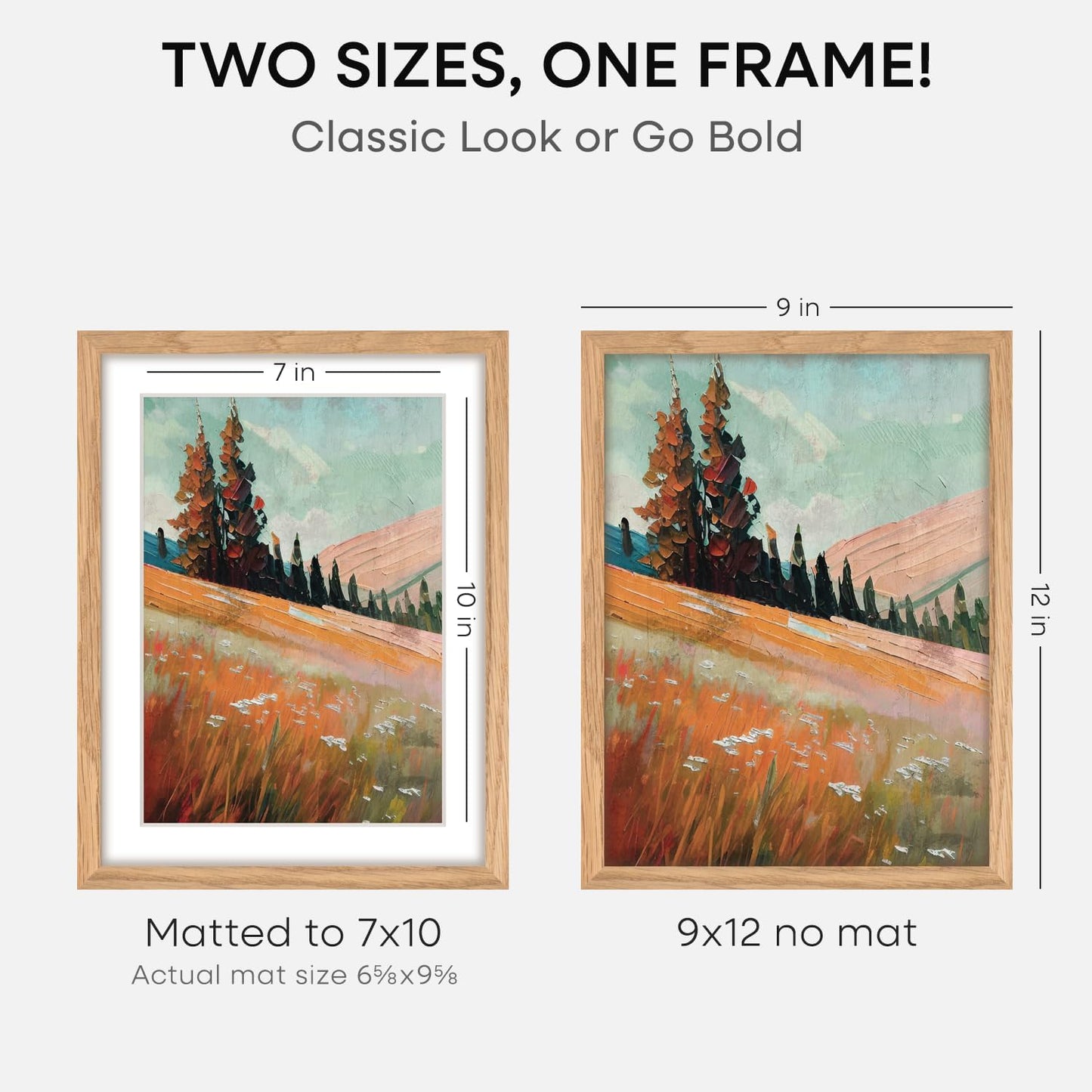 Homeforia 9x12 Picture Frame Wood, High End Natural Oak 9 x 12 Light Wooden Frames with Mat 7 by 10 Photo, 9by12 Frame Matted to 7x10 Print, Wall or Tabletop Frames, Tempered Glass, Wall Kit, Set of 1