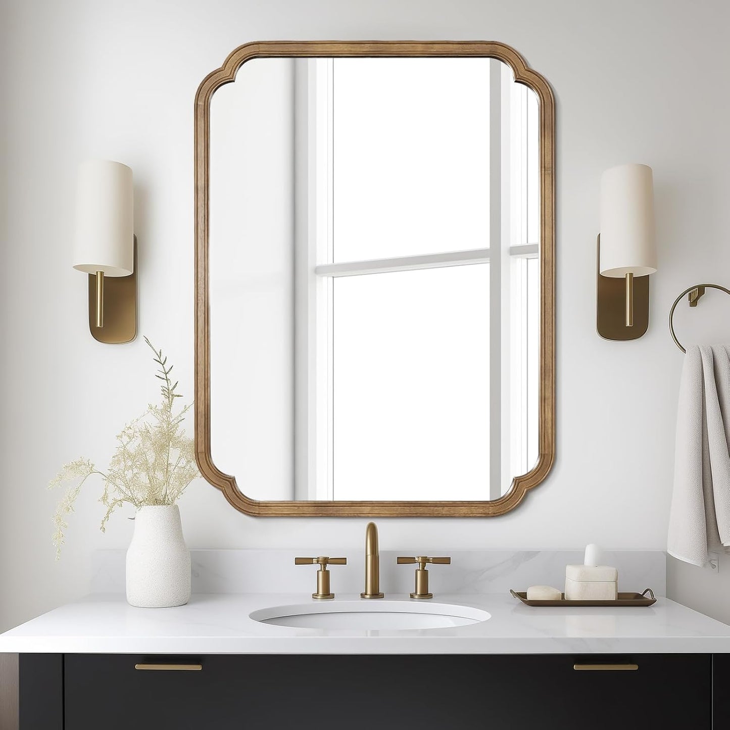 WallBeyond 30" x 40" Rounded Corner Arch Wall Mirror with Wood Frame for Entryway, Living Room or Bedroom Home Decor - Light Woodgrain, Honey-Colored