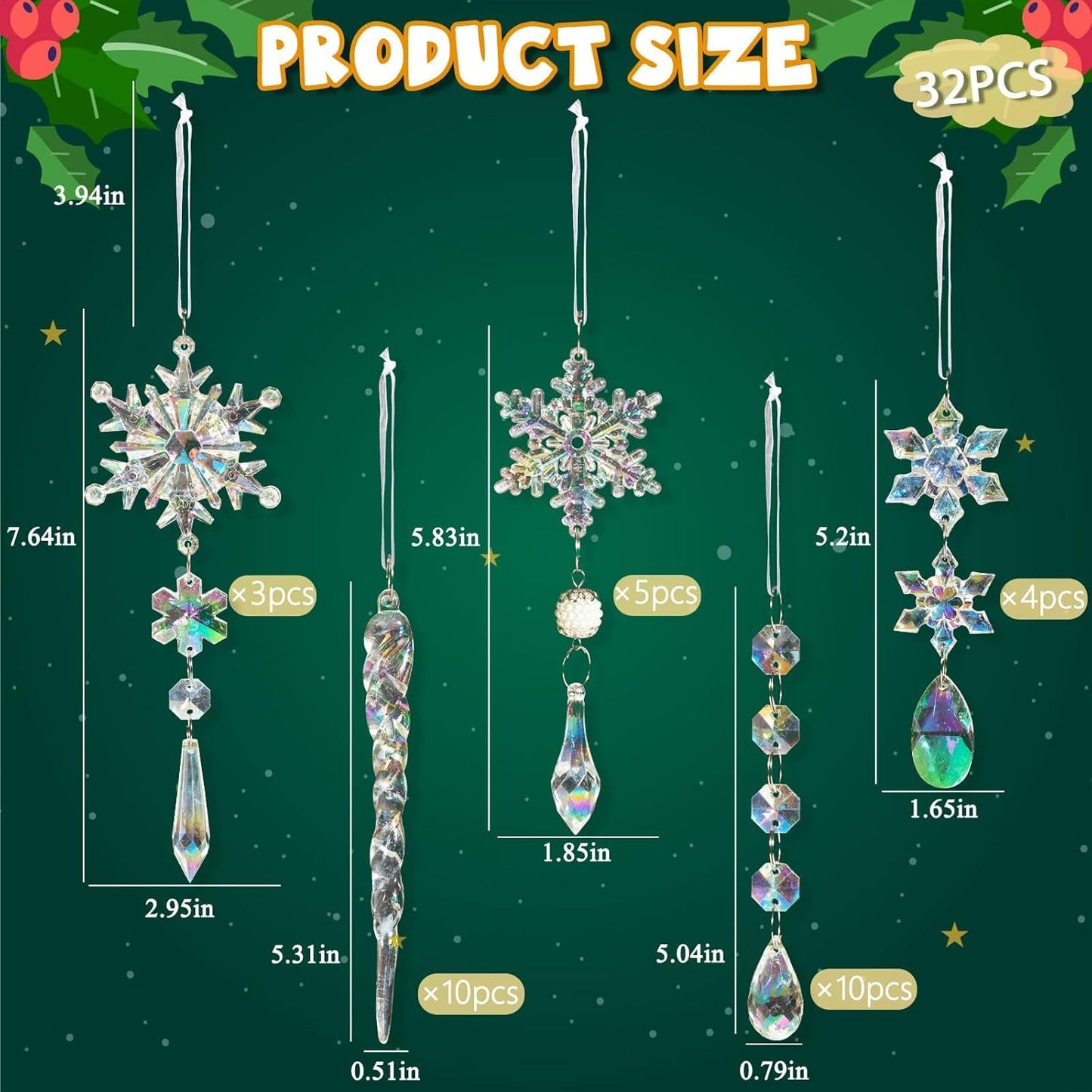 32pcs Christmas Decoration Crystal Ornaments - Iridescent Christmas Tree Ornaments Acrylic Snowflakes Drop Icicle Pendants Hanging Ornaments for Xmas Tree Winter Holiday Frozen Party Decorations